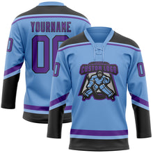 Load image into Gallery viewer, Custom Light Blue Purple-Black Hockey Lace Neck Jersey