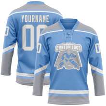 Load image into Gallery viewer, Custom Light Blue White-Gray Hockey Lace Neck Jersey