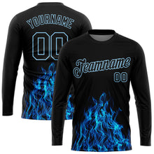 Load image into Gallery viewer, Custom Black Black-Light Blue Flame 3D Pattern Long Sleeve Performance T-Shirt
