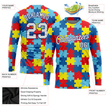 Load image into Gallery viewer, Custom Colorful White-Royal Autism Awareness Puzzle Pieces 3D Pattern Long Sleeve Performance T-Shirt