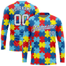 Load image into Gallery viewer, Custom Colorful White-Royal Autism Awareness Puzzle Pieces 3D Pattern Long Sleeve Performance T-Shirt