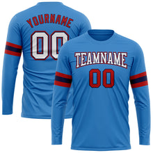 Load image into Gallery viewer, Custom Powder Blue White Red-Navy Long Sleeve Performance T-Shirt