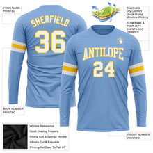 Load image into Gallery viewer, Custom Light Blue White-Gold Long Sleeve Performance T-Shirt