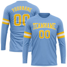 Load image into Gallery viewer, Custom Light Blue Gold-White Long Sleeve Performance T-Shirt