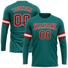 Load image into Gallery viewer, Custom Aqua Red-White Long Sleeve Performance T-Shirt