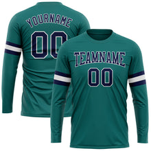 Load image into Gallery viewer, Custom Aqua Navy-White Long Sleeve Performance T-Shirt