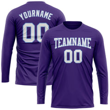 Load image into Gallery viewer, Custom Purple White-Light Blue Long Sleeve Performance T-Shirt