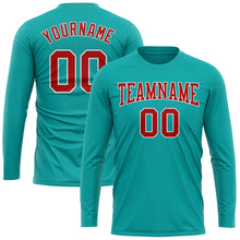 Load image into Gallery viewer, Custom Aqua Red-White Long Sleeve Performance T-Shirt
