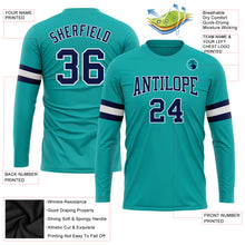 Load image into Gallery viewer, Custom Aqua Navy-White Long Sleeve Performance T-Shirt