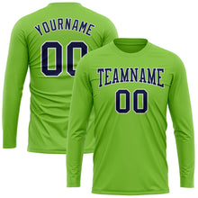 Load image into Gallery viewer, Custom Neon Green Navy-White Long Sleeve Performance T-Shirt
