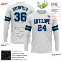 Load image into Gallery viewer, Custom White Navy Gray-Aqua Long Sleeve Performance T-Shirt