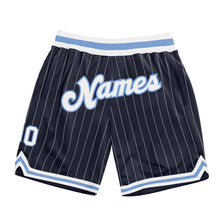Load image into Gallery viewer, Custom Navy White Pinstripe White-Light Blue Authentic Basketball Shorts