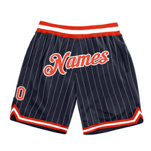 Load image into Gallery viewer, Custom Navy White Pinstripe Orange-White Authentic Basketball Shorts