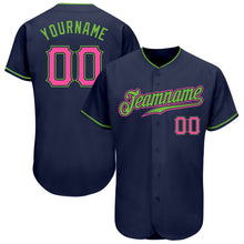 Load image into Gallery viewer, Custom Navy Pink-Neon Green Authentic Baseball Jersey