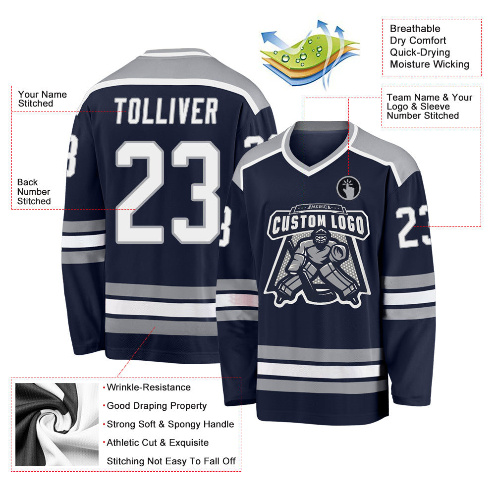 Custom Navy WhiteGray Hockey Jersey Sale Fcustom