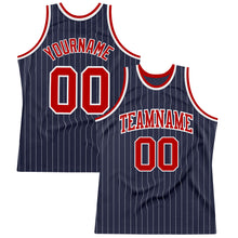 Load image into Gallery viewer, Custom Navy White Pinstripe Red Authentic Basketball Jersey