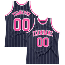 Load image into Gallery viewer, Custom Navy White Pinstripe Pink Authentic Basketball Jersey