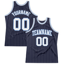 Load image into Gallery viewer, Custom Navy White Pinstripe White-Light Blue Authentic Basketball Jersey