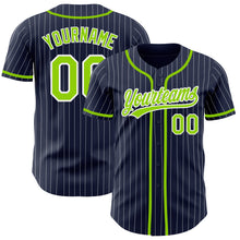 Load image into Gallery viewer, Custom Navy White Pinstripe Neon Green Authentic Baseball Jersey