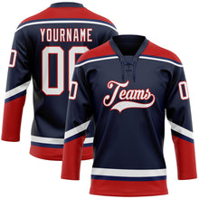 Load image into Gallery viewer, Custom Navy White-Red Hockey Lace Neck Jersey