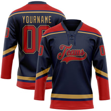 Load image into Gallery viewer, Custom Navy Red-Old Gold Hockey Lace Neck Jersey