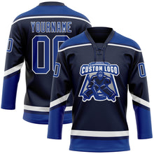 Load image into Gallery viewer, Custom Navy Royal-White Hockey Lace Neck Jersey