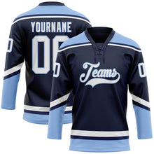 Load image into Gallery viewer, Custom Navy White-Light Blue Hockey Lace Neck Jersey