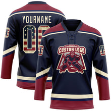Load image into Gallery viewer, Custom Navy Vintage USA Flag Crimson-Cream Hockey Lace Neck Jersey
