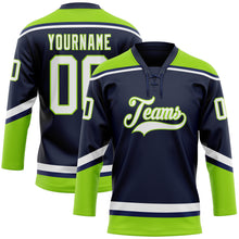 Load image into Gallery viewer, Custom Navy White-Neon Green Hockey Lace Neck Jersey