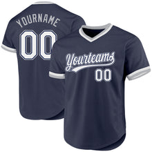 Load image into Gallery viewer, Custom Navy White-Gray Authentic Throwback Baseball Jersey