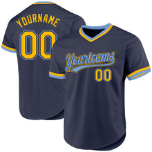 Load image into Gallery viewer, Custom Navy Gold-Light Blue Authentic Throwback Baseball Jersey