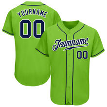 Load image into Gallery viewer, Custom Neon Green Navy-White Authentic Baseball Jersey