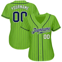 Load image into Gallery viewer, Custom Neon Green Navy Pinstripe Navy-White Authentic Baseball Jersey