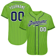 Load image into Gallery viewer, Custom Neon Green Navy Pinstripe Navy-White Authentic Baseball Jersey