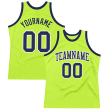 Load image into Gallery viewer, Custom Neon Green Navy-White Authentic Throwback Basketball Jersey