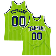 Load image into Gallery viewer, Custom Neon Green White Pinstripe Navy-White Authentic Basketball Jersey