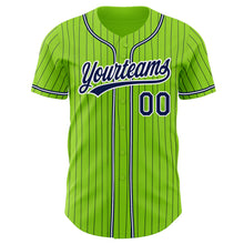 Load image into Gallery viewer, Custom Neon Green Navy Pinstripe Navy-White Authentic Baseball Jersey