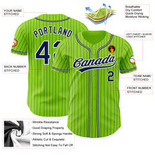 Load image into Gallery viewer, Custom Neon Green Navy Pinstripe Navy-White Authentic Baseball Jersey