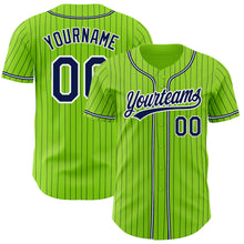Load image into Gallery viewer, Custom Neon Green Navy Pinstripe Navy-White Authentic Baseball Jersey