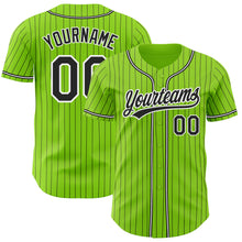 Load image into Gallery viewer, Custom Neon Green Black Pinstripe Black-White Authentic Baseball Jersey