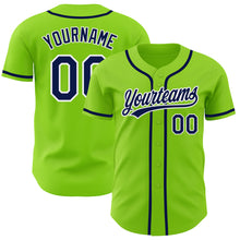 Load image into Gallery viewer, Custom Neon Green Navy-White Authentic Baseball Jersey