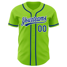 Load image into Gallery viewer, Custom Neon Green Royal-White Authentic Baseball Jersey