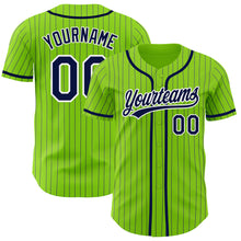 Load image into Gallery viewer, Custom Neon Green Navy Pinstripe White Authentic Baseball Jersey