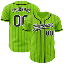 Load image into Gallery viewer, Custom Neon Green Black Pinstripe White Authentic Baseball Jersey