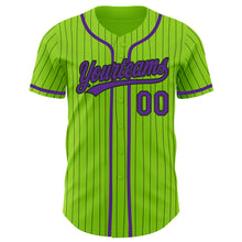 Load image into Gallery viewer, Custom Neon Green Black Pinstripe Purple Authentic Baseball Jersey