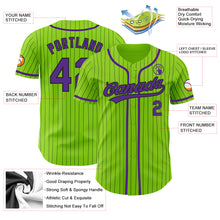 Load image into Gallery viewer, Custom Neon Green Black Pinstripe Purple Authentic Baseball Jersey