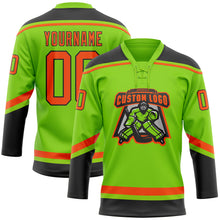 Load image into Gallery viewer, Custom Neon Green Orange-Black Hockey Lace Neck Jersey