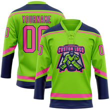 Load image into Gallery viewer, Custom Neon Green Pink-Navy Hockey Lace Neck Jersey