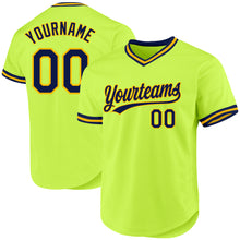 Load image into Gallery viewer, Custom Neon Green Navy-Gold Authentic Throwback Baseball Jersey
