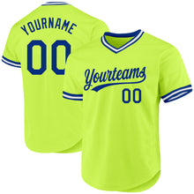 Load image into Gallery viewer, Custom Neon Green Royal-White Authentic Throwback Baseball Jersey